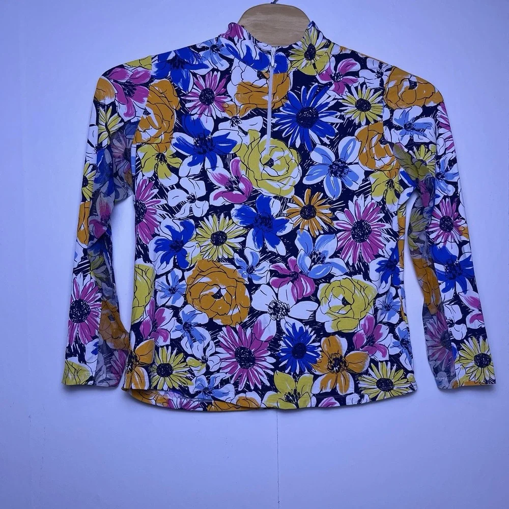 IBKUL Women's XL Blue Pink Orange Medeline Long Sleeve Mock Neck Floral - Picture 2 of 10